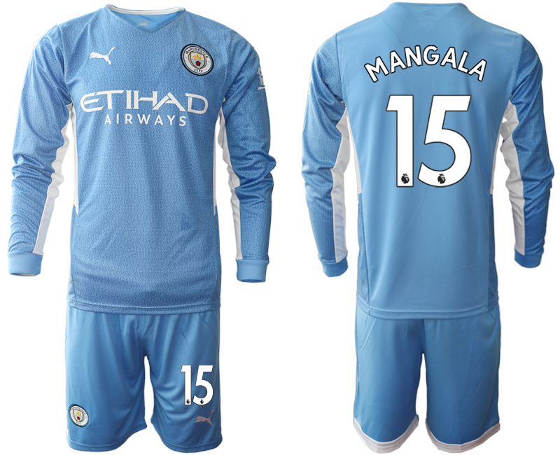 Men 2021-2022 Club Manchester city home Light blue Long Sleeve #15 Soccer Jersey->manchester city jersey->Soccer Club Jersey